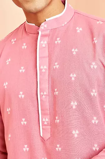 Boys pink cotton jacquard kurta pyjama set