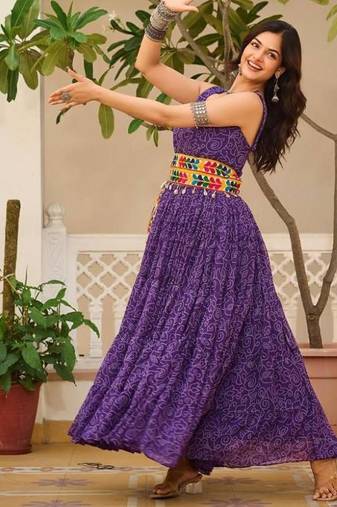 Navratri wear purple georgette bandhni print gamthi & mirror -codi lace work gown