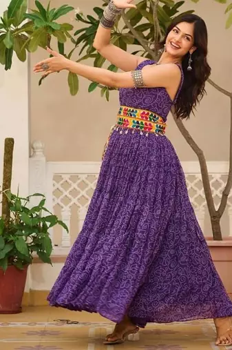 Navratri wear purple georgette bandhni print gamthi & mirror -codi lace work gown