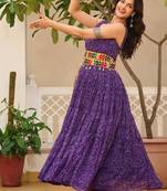 Navratri wear purple color georgette bandhni print gamthi & mirror -codi lace work gown full stitched