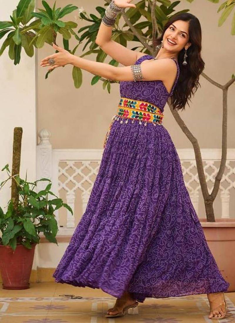 Navratri wear purple color georgette bandhni print gamthi & mirror -codi lace work gown full stitched