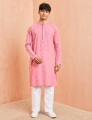 Boys pink cotton jacquard kurta pyjama set 3