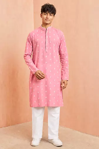Boys pink cotton jacquard kurta pyjama set