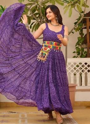 Navratri wear purple georgette bandhni print gamthi & mirror -codi lace work gown 2