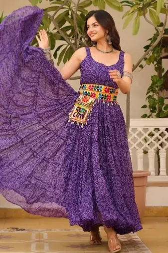 Navratri wear purple georgette bandhni print gamthi & mirror -codi lace work gown