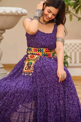 Navratri wear purple georgette bandhni print gamthi & mirror -codi lace work gown