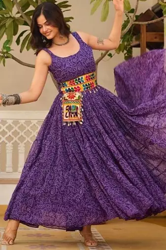 Navratri wear purple georgette bandhni print gamthi & mirror -codi lace work gown