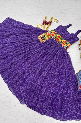Navratri wear purple georgette bandhni print gamthi & mirror -codi lace work gown