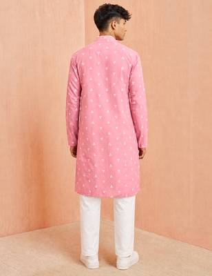 Boys pink cotton jacquard kurta pyjama set 4