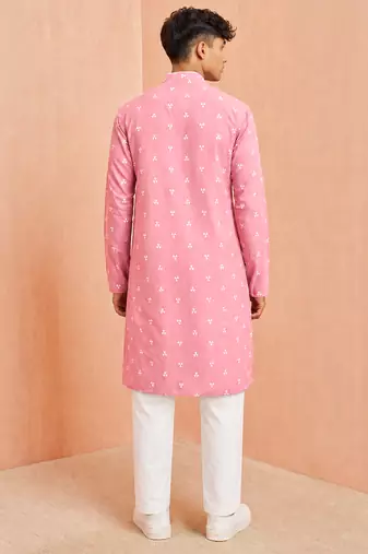 Boys pink cotton jacquard kurta pyjama set