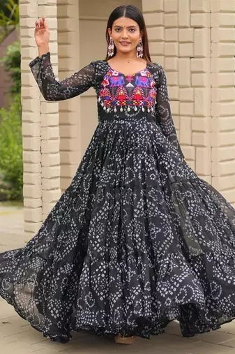 Navratri wear black georgette bandhni print gamthi & mirror -codi lace work gown