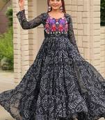 Navratri wear black color georgette bandhni print gamthi & mirror -codi lace work gown full stitched