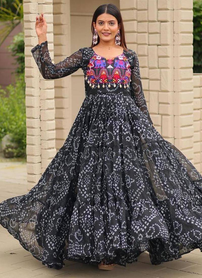 Navratri wear black color georgette bandhni print gamthi & mirror -codi lace work gown full stitched