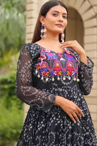 Navratri wear black georgette bandhni print gamthi & mirror -codi lace work gown