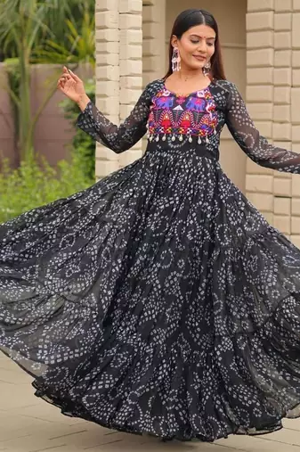 Navratri wear black georgette bandhni print gamthi & mirror -codi lace work gown