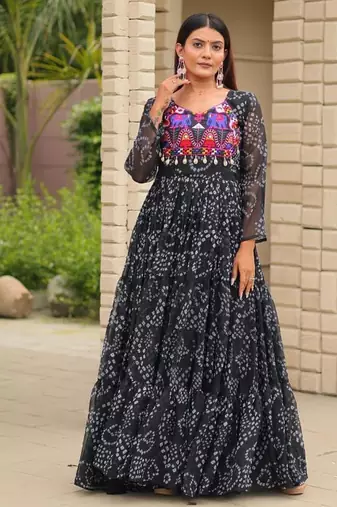 Navratri wear black georgette bandhni print gamthi & mirror -codi lace work gown
