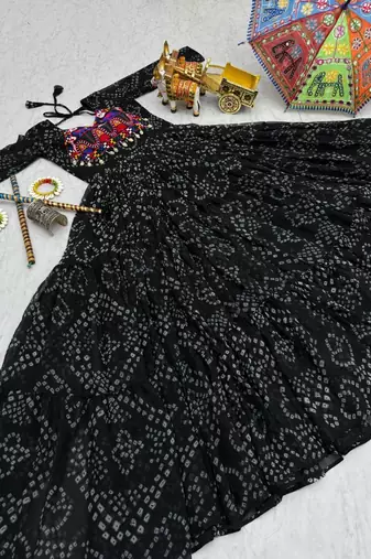 Navratri wear black georgette bandhni print gamthi & mirror -codi lace work gown