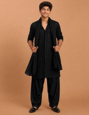 Boys black georgette sequin embroidery kurta patiala set 1