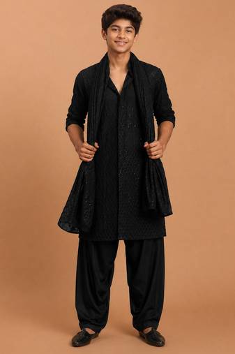 Boys black georgette sequin embroidery kurta patiala set