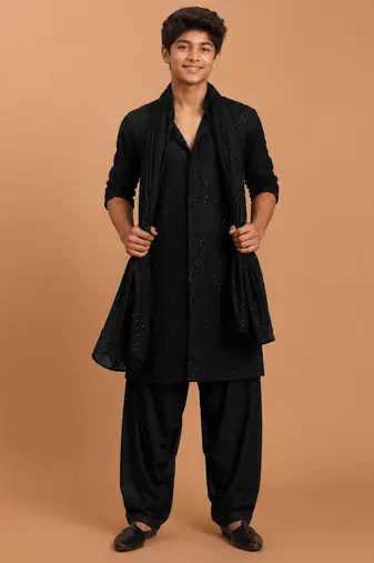 Boys black georgette sequin embroidery kurta patiala set