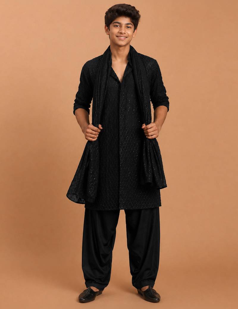 Boys black georgette sequin embroidery kurta patiala set