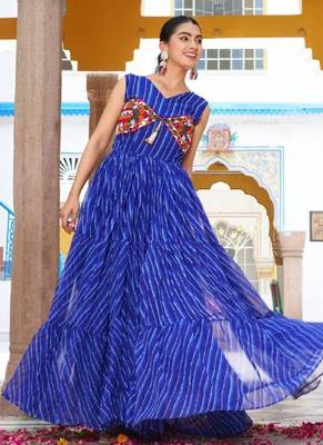 Navratri wear blue georgette bandhni print gamthi & mirror -codi lace work gown 1