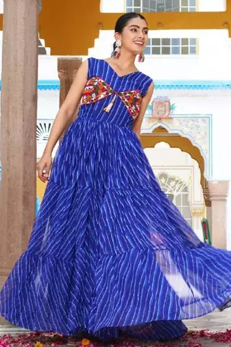 Navratri wear blue georgette bandhni print gamthi & mirror -codi lace work gown