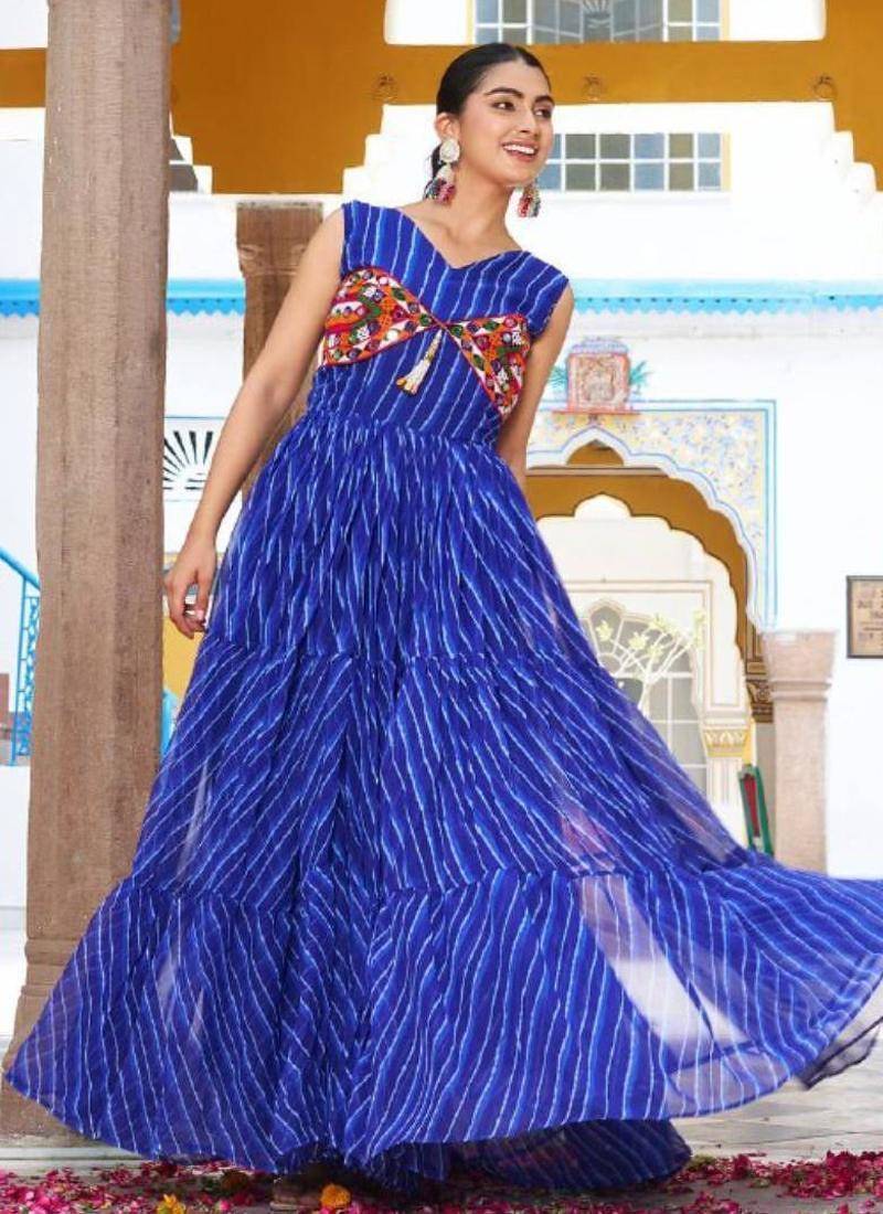 Navratri wear blue color georgette bandhni print gamthi & mirror -codi lace work gown full stitched
