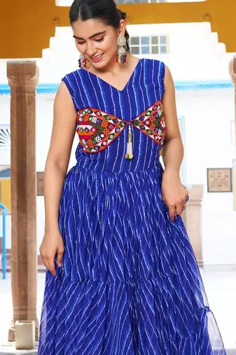 Navratri wear blue georgette bandhni print gamthi & mirror -codi lace work gown
