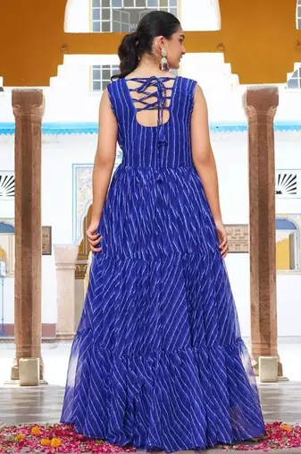 Navratri wear blue georgette bandhni print gamthi & mirror -codi lace work gown
