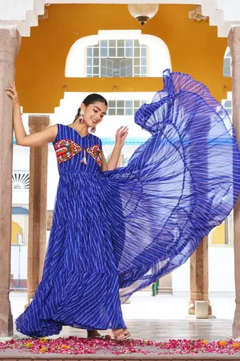 Navratri wear blue georgette bandhni print gamthi & mirror -codi lace work gown