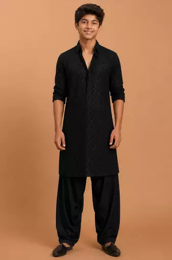 Boys black georgette sequin embroidery kurta patiala set