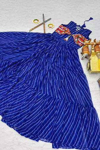 Navratri wear blue georgette bandhni print gamthi & mirror -codi lace work gown