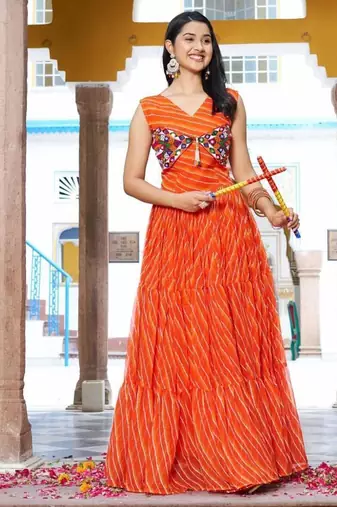 Navratri wear orange georgette bandhni print gamthi & mirror -codi lace work gown