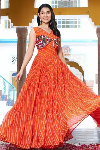 Navratri wear orange georgette bandhni print gamthi & mirror -codi lace work gown