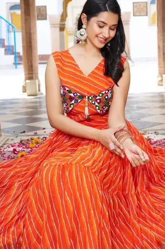 Navratri wear orange georgette bandhni print gamthi & mirror -codi lace work gown