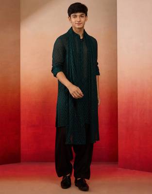 Boys bottle green georgette self-texture kurta patiala set 1