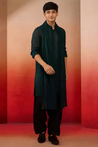 Boys bottle green georgette self-texture kurta patiala set