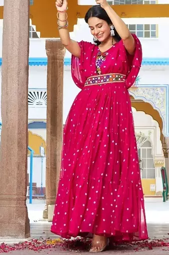 Navratri wear pink georgette bandhni print gamthi & mirror -codi lace work gown