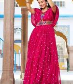 Navratri wear pink color georgette bandhni print gamthi & mirror -codi lace work gown full stitched