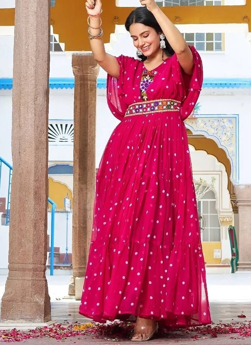 Navratri wear pink color georgette bandhni print gamthi & mirror -codi lace work gown full stitched