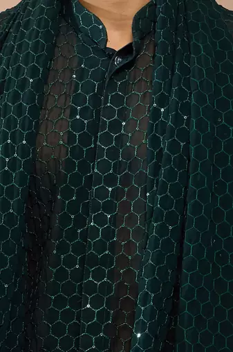 Boys bottle green georgette self-texture kurta patiala set
