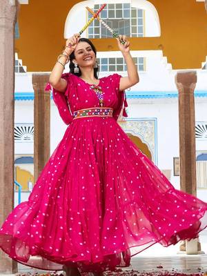 Navratri wear pink georgette bandhni print gamthi & mirror -codi lace work gown 2