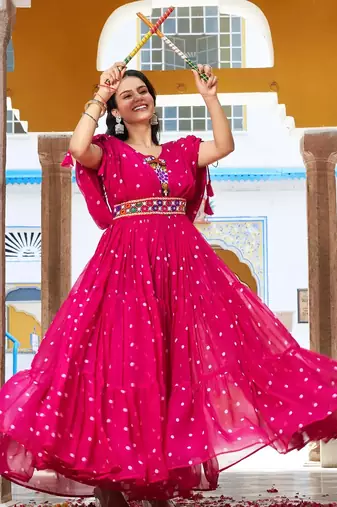 Navratri wear pink georgette bandhni print gamthi & mirror -codi lace work gown