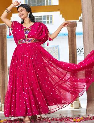 Navratri wear pink georgette bandhni print gamthi & mirror -codi lace work gown 3