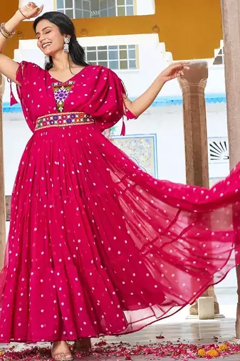 Navratri wear pink georgette bandhni print gamthi & mirror -codi lace work gown