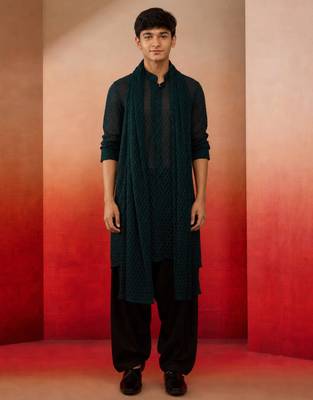 Boys bottle green georgette self-texture kurta patiala set 3