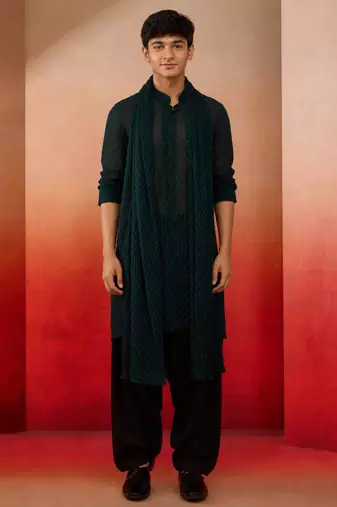 Boys bottle green georgette self-texture kurta patiala set