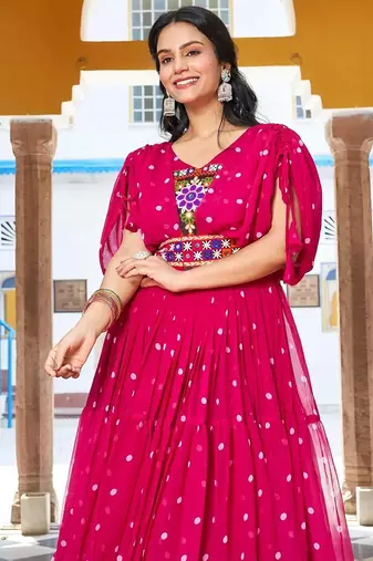 Navratri wear pink georgette bandhni print gamthi & mirror -codi lace work gown