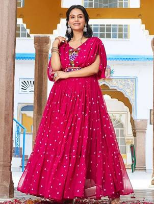 Navratri wear pink georgette bandhni print gamthi & mirror -codi lace work gown 5